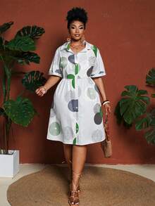 Maweii Plus Size Women Circular Print Casual Elegant Pleated Bust Short Sleeve Open Front A-Line Dress Vacation White Summer - Multicolor - View 1