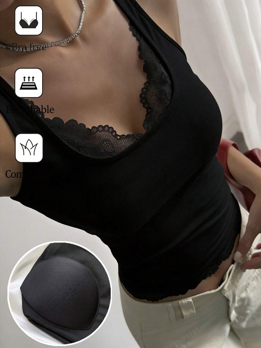 DAZY Áo camisole nữ mùa hè màu đen kiểu dáng đường phố, phối ren rỗng, có lớp đệm tự dính, ôm sát. - màu đen - Xem 1