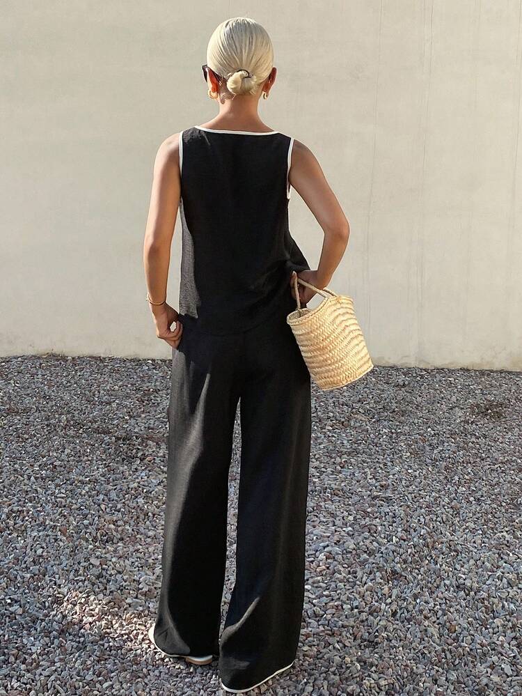 Women's Patchwork Contrast Color Business Jumpsuit, Casual Vacation Street Style Two Pieces Set