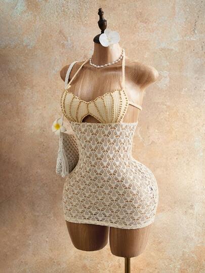 Mistrie Đầm đi biển mùa hè dành cho nữ, phong cách boho với thiết kế khoét rỗng, đính ngọc trai và dây buộc phía sau gợi cảm.