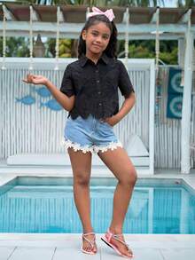 SHEIN Tween Girls' Vacation Casual Embroidered Short Sleeve Blouse - Black - View 10