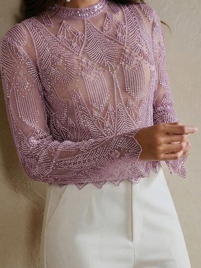 Anewsta Áo dài tay dự tiệc cocktail thêu đính cườm thời trang mới dành cho nữ