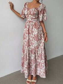 Selianne Summer Short Sleeve Vacation Beach Music Festival Pink Floral Print Dress - Rusty Rose - View 5