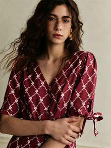 Franclia Vestido estilo francés, vestido de oficina, vestido elegante, vestido de cuello en V, vestido estampado, vestido de cuadros, vestido con abertura, vestido con lazo delantero, vestido de primavera/verano, vestido de mujer - Burdeos - Ver 4