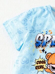 SHEIN 2pcs/Set Girls Casual Daily Blue Short Sleeve Bow T-Shirt And Blue Bell-Bottom Pants, Cute And Lively Summer Outfit - Blue - View 6