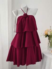 Sweetra CURVE Plus Size Women Sleeveless Layered Patchwork Cami Dress - Burgundy - View 1