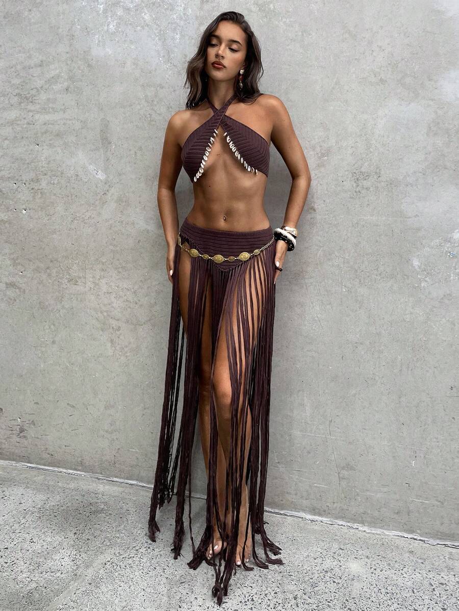 Aloruh 女士春夏新款纯棕色两件套钩针编织罩衫，包括带贝壳珠装饰的胸罩背心和超长流苏长裙，适合度假穿着，波西米亚风沙滩装