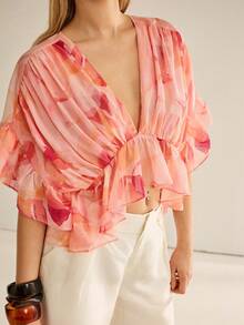 CielaLinda Áo kiểu nữ tay ngắn bằng vải chiffon in họa tiết, xếp nếp. - Nhiều màu - Xem 6