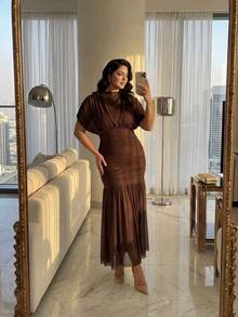 Auveirra 大码女式优雅精致浪漫迷人时尚情人节、婚礼宾客、节日连衣裙，带薄纱罩层，棕色 - 棕色 - 查看 3