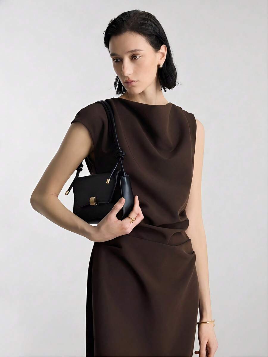 Ontre 2026 New Spring/Summer Women's Coffee-Colored Woven Fabric Fitted Sleeveless Pleated Dress, Minimalist Fashion Commuter Wear For Valentine's Day & Wedding Season - Brown - View 1
