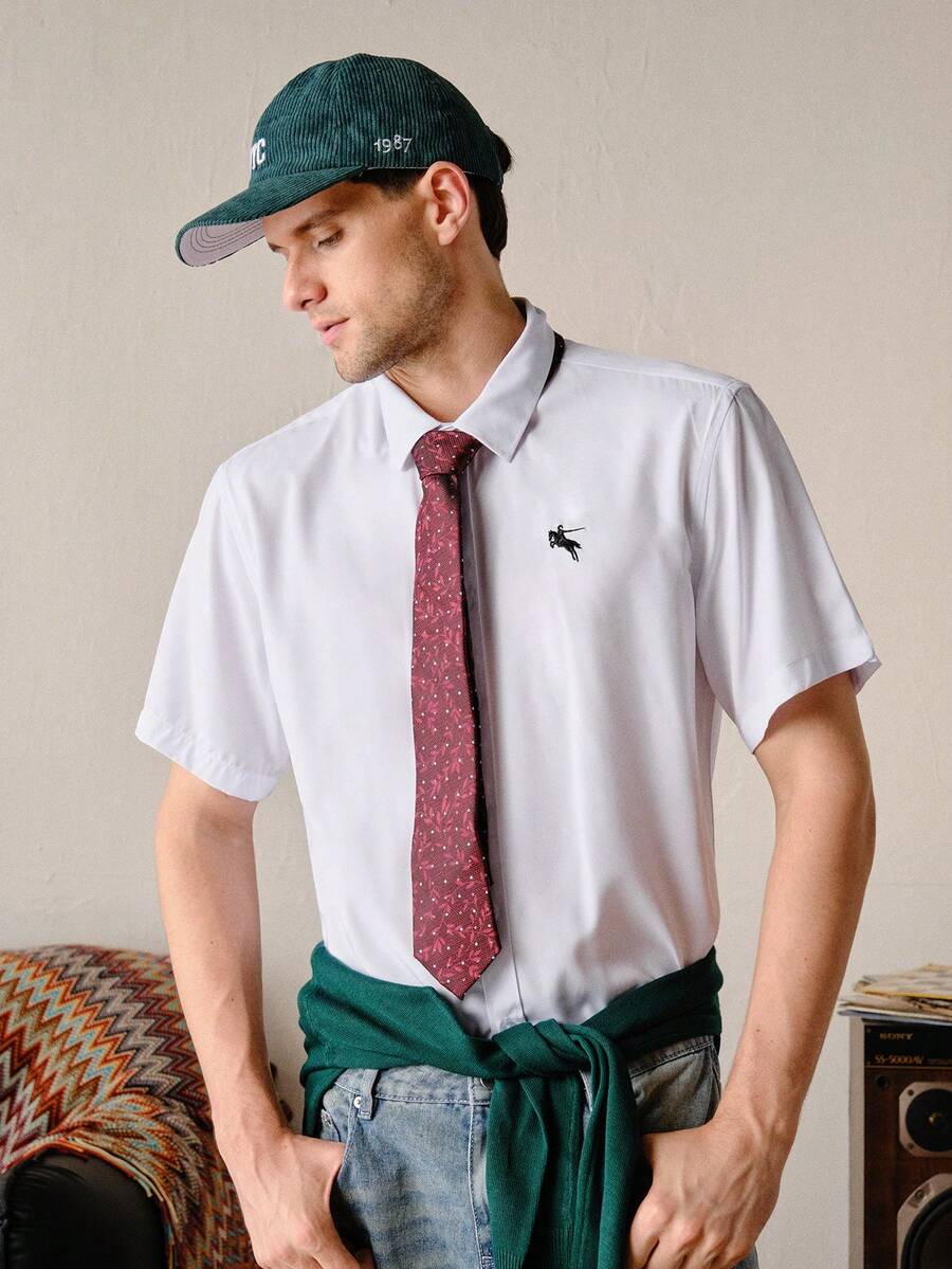 VeloEdit 男士夏季休闲刺绣细节短袖衬衫 - 白色 - 查看 1