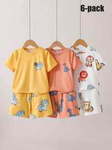 Set de 6 piezas de pijama corto de manga corta con estampado de animales de dibujos animados para niños, ropa de estar por casa casual, cómoda y suave para el verano - Multicolor - Ver 4