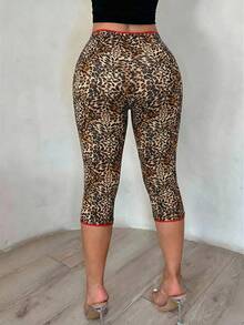SHEIN SXY 豹纹撞色蕾丝边饰性感七分紧身裤 - 彩色 - 查看 2