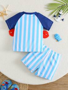 2pcs Baby/Baby Boy Crab Print Blue Striped Contrast Color Long Sleeve Top And Striped Pants Swimwear, Suitable For Vacation, Beach, Surfing, Baby Boy Swimwear, Long Sleeves Swimwear - Multicolor - View 2