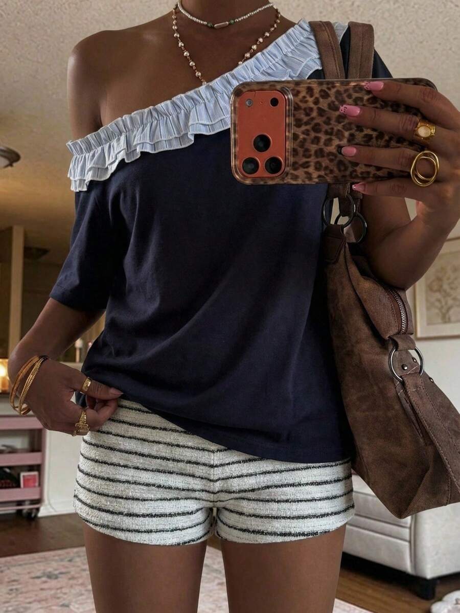 DAZY Women's Casual Frill Trim Asymmetrical Shoulder Short Sleeve T-Shirt, Summer - Navy Blue - View 1