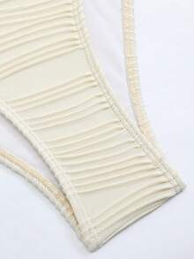 Swim Conjunto de 2 piezas de traje de baño de una sola pieza con falda con abertura alta, con un hombro, decoración de estrella de mar de metal y textura de tela ondulada beige, para primavera/verano 2026 para mujer - Beis - Ver 10