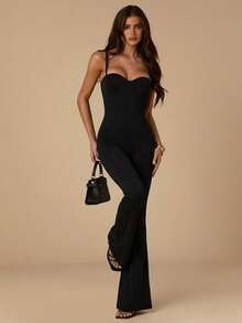 SHEIN BAE Bộ đồ lót nữ gợi cảm tối giản màu đen ôm sát, kết hợp với quần ống loe thời trang, phù hợp cho các buổi hẹn hò, hộp đêm, đi chơi, áo liền thân ôm sát, tiệc hóa trang, jumpsuit đen, lễ hội âm nhạc, bữa ăn sáng muộn. - màu đen - Xem 6