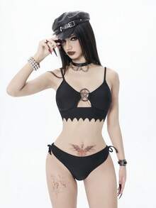 ROMWE Áo bikini hai dây kiểu Gothic dành cho nữ - màu đen - Xem 5