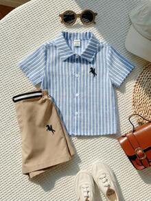 2pcs Baby Boy Horse Pattern Lapel Short Sleeve Cardigan And Elastic Waist Shorts Set - Multicolor - View 11