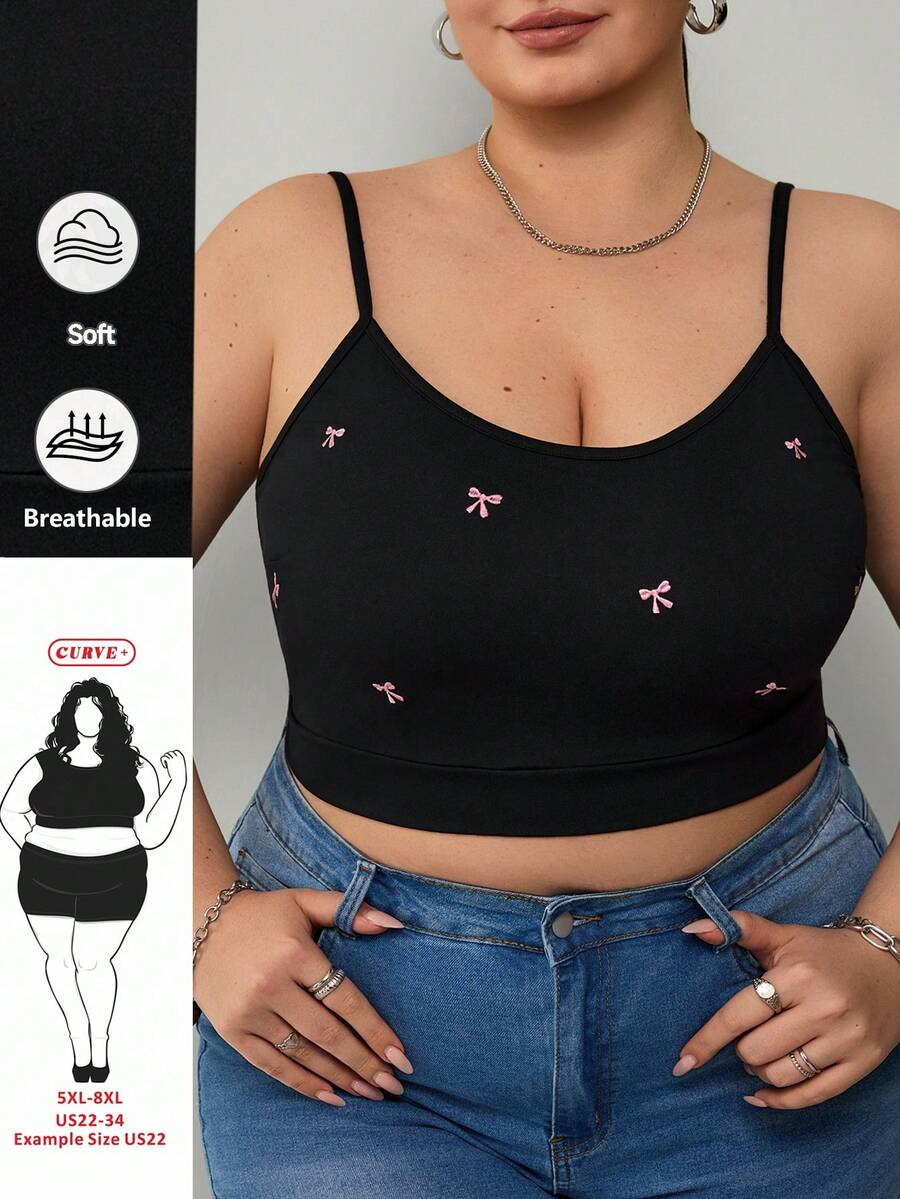 SHEIN CURVE+ 大码女士无缝无钢圈柔软舒适刺绣吊带背心 - 黑色 - 查看 1