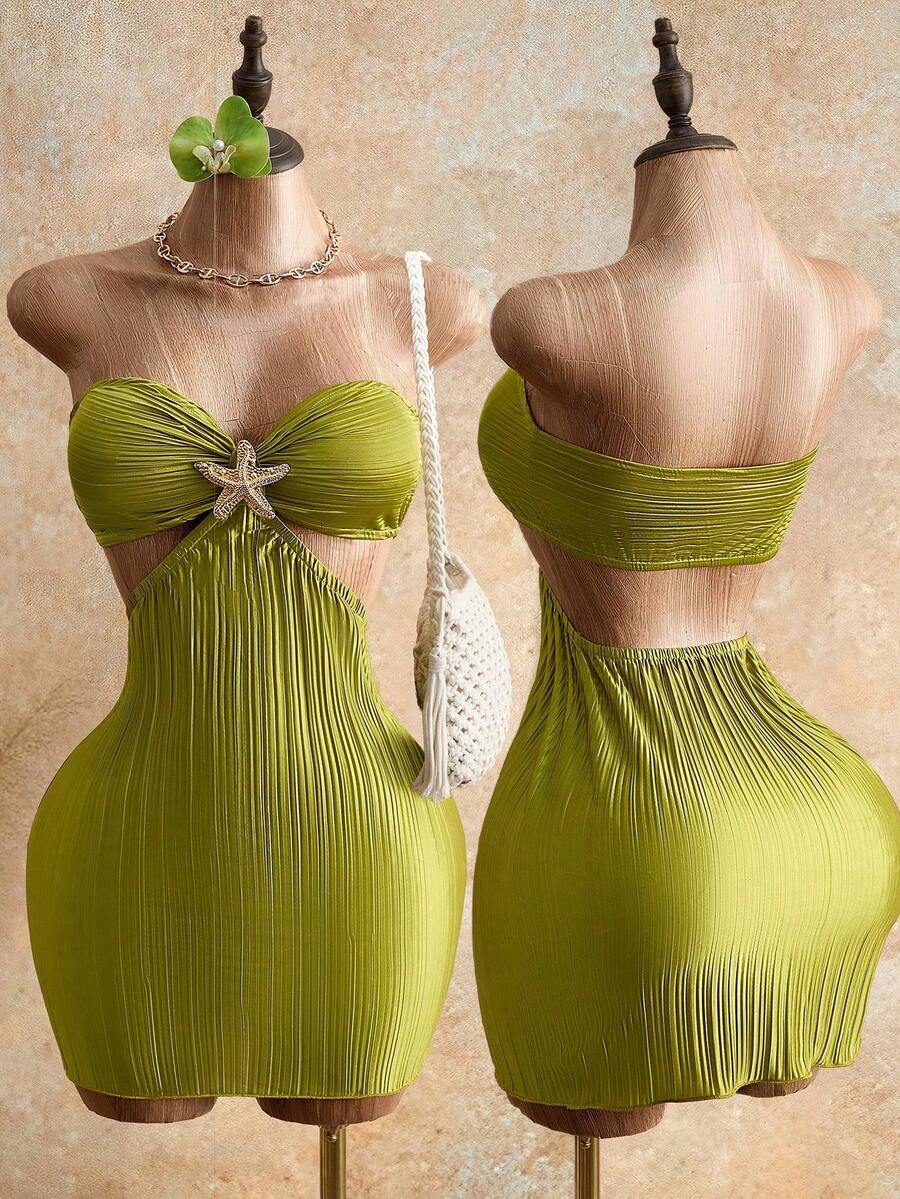 Mistrie Women Olive Green Metal Starfish Decor Hollow Out Pleated Bandeau Mini Dress,Summer 70s Retro Party Vacation Holiday Y2K Style Luxury Evening Gown - Green - View 1