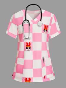 PopScrub THE POWERPUFF GIRLS X SHEIN 女士粉白格纹V领护士服上衣，可爱卡通大眼睛短袖护士服，甜美少女IP联名款制服 - 粉色 - 查看 1