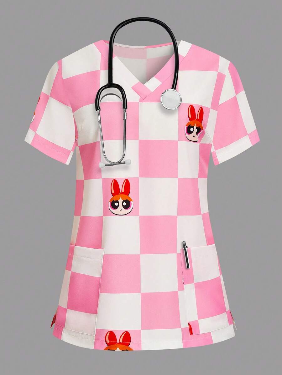 PopScrub THE POWERPUFF GIRLS X SHEIN 女士粉白格纹V领护士服上衣,可爱卡通大眼睛短袖护士服,甜美少女IP联名款制服 - 粉色 - 查看 1