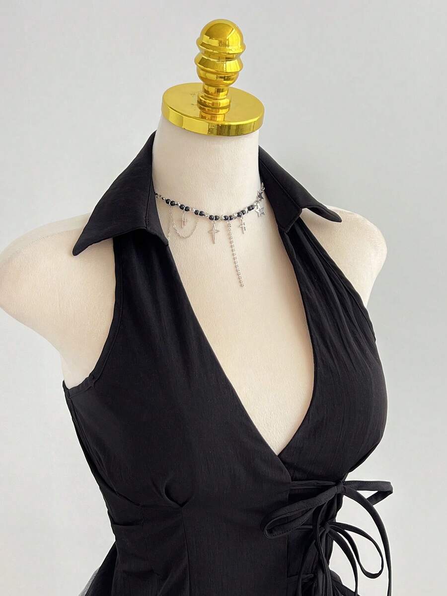 Elamini 性感翻领侧系腰带修身无袖衬衫，简约设计，女士款 - 黑色 - 查看 1