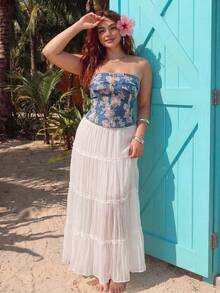 ROMWE Fairycore Summer Outfits Plus Size Floral Print Denim Camisole Top, Backless Design - Medium Wash - View 5