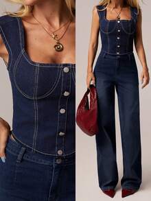 SHEIN Forever 21 夏季/乡村音乐会/乡村音乐会/茶会/优雅/音乐会/休闲女士/夏季/蓝色牛仔上衣 - 藍色 - 查看 1