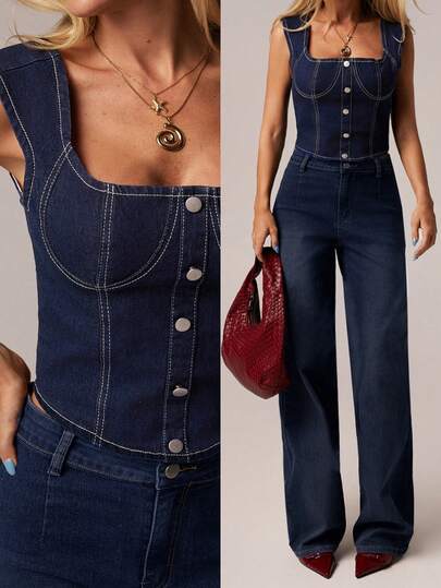 SHEIN Forever 21 Mùa hè/Buổi hòa nhạc đồng quê/Buổi hòa nhạc đồng quê/Tiệc trà/Thanh lịch/Buổi hòa nhạc/Phụ nữ thường ngày/Mùa hè/Áo denim xanh