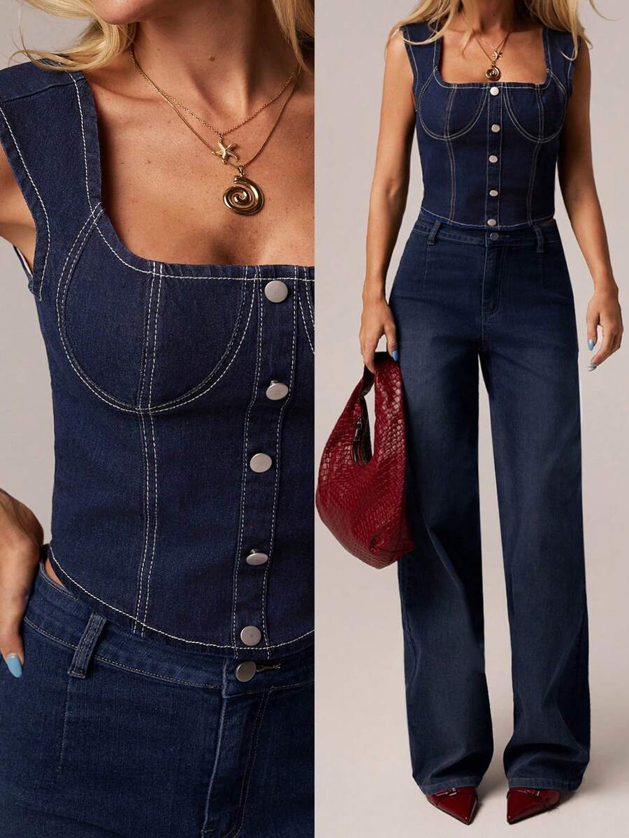 SHEIN Forever 21 夏季/乡村音乐会/乡村音乐会/茶会/优雅/音乐会/休闲女士/夏季/蓝色牛仔上衣 - 藍色 - 查看 1