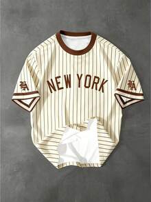 Chillumni Áo thun nam kẻ sọc in chữ, kiểu dáng thường ngày, thích hợp cho mùa hè. - Màu Khaki - Xem 3