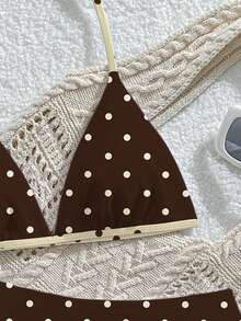 Bộ đồ bơi 2 mảnh cho bé gái tuổi teen, phong cách thường ngày, họa tiết chấm bi ngẫu nhiên trên vải dệt kim, áo cổ yếm điều chỉnh được và quần tam giác, thích hợp cho mùa hè ở bãi biển, hồ bơi, kỳ nghỉ và tiệc tùng. - màu nâu - Xem 8