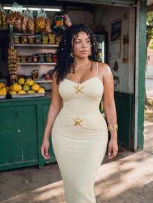 SHEIN Swim Vcay 大码女式假日金属海星装饰吊带罩衫连衣裙 - 米色 - 查看 1