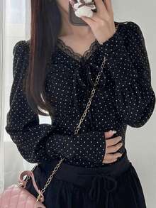 FRIFUL Women's Casual Polka Dot Print Long Sleeve T-Shirt, Suitable For Spring And Autumn Summer - Black - View 2