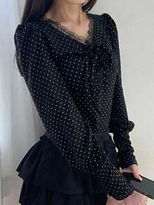 FRIFUL Women's Casual Polka Dot Print Long Sleeve T-Shirt, Suitable For Spring And Autumn Summer - Black - View 5
