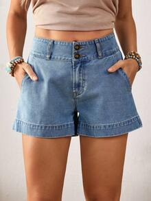 EMERY ROSE Quần short denim dáng rộng, có cúc cài ở eo và túi, dành cho nữ, cỡ lớn. - Màu xanh lam - Xem 4