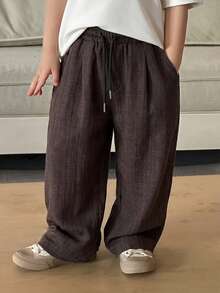 DAZY Young Boy's Drawstring Waist Solid Color Casual Versatile Daily Wear Pants - Brown - View 5