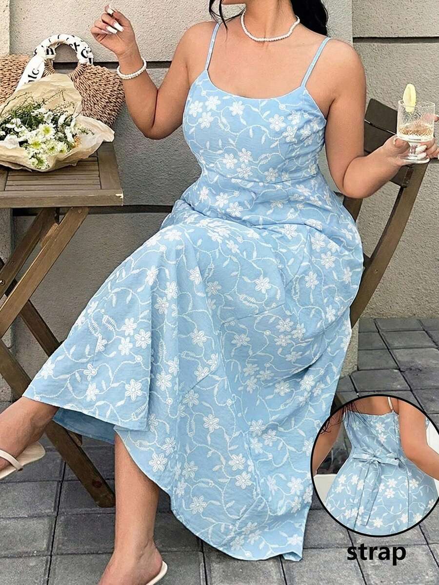 GalTyme 大码女式夏季沙滩度假印花系带吊带连衣裙 - 淺藍色 - 查看 1