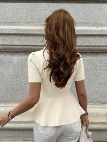 Pariaura Elegant Commuting Casual Daily Short Sleeve V-Neck Metal Buckle Decor Textured Fabric Blouse Top For Women, Spring/Summer - Apricot - View 2