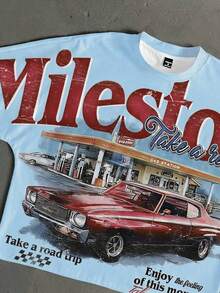 StoneGrade 男士字母和汽车印花宽松蝙蝠袖T恤 - 淺藍色 - 查看 2