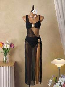 Swim Oasis Plus Size 3pcs Set: Metal Decor Spaghetti Strap Bikini Swimwear And Cover Up, Suitable For Summer/Fall Vacation - Black - View 7