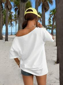 Muchica 新款热带印花休闲宽松单肩女式T恤 - 白色 - 查看 2