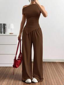 SHEIN EZwear 女士新款纯色无袖休闲针织两件套，夏季 - 咖啡棕 - 查看 4