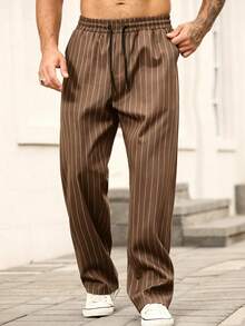 Manfinity Homme Men's Casual Striped Pants, Fashion Trousers - Coffee Brown - View 4