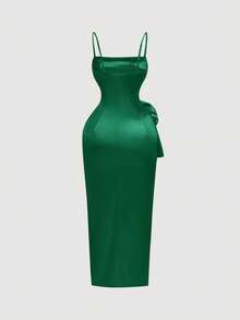 SHEIN MOD 梦幻般的3D立体花卉高开衩缎面连衣裙，垂褶领口和荷叶边细节设计——完美适用于度假、浪漫场合、海滩度假、约会、野餐、派对、舞会、节日和生日；浪漫复古的宫廷风格 - 綠色 - 查看 6