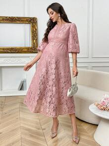 SHEIN 孕妇蕾丝拼接圆领纯色短袖连衣裙 - 粉色 - 查看 8