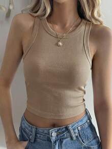 DAZY Áo tank top dệt kim gân sọc thường ngày dành cho nữ tuổi teen - Màu Khaki - Xem 5