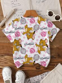 TOM & JERRY X SHEIN 少女卡通印花全印花T恤 - 白色 - 查看 2